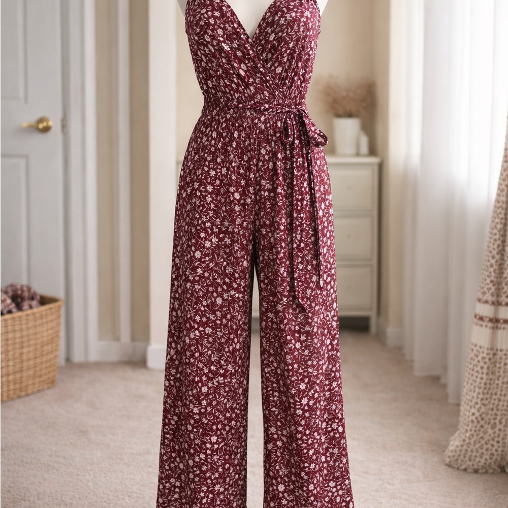 Kaileigh Burgundy Floral Jumpsuit Sz SM